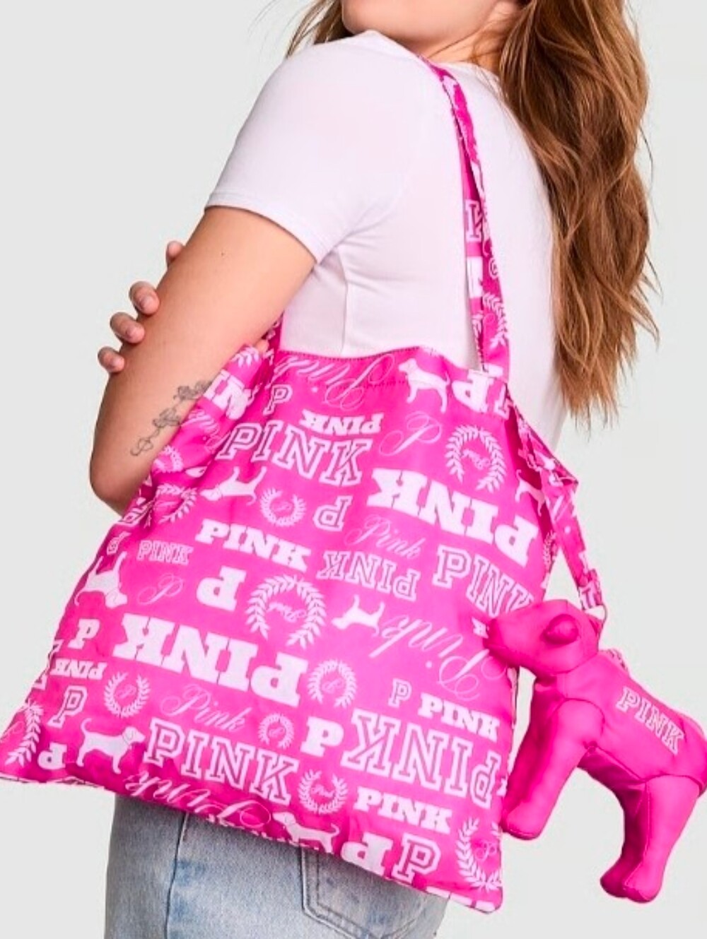 Pink Packable Tote Bag Pink & White